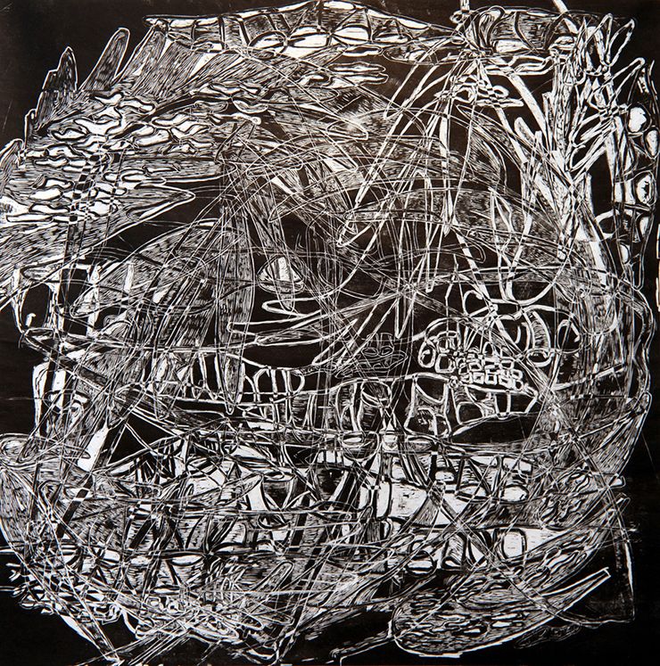 <b>Sphagnum Moss Microscopy IV, 48x48”, 2022, Woodcut, Ink on Paper</b></br>This abstract piece explores line, shape, movement, and rhythm. For a woodblock this size I spend roughly 30 to 40 hours carving. While carving, I often depart from the original drawing, allowing the carving tools to guide the composition and act as a dynamic medium that is part drawing and part sculpture.  